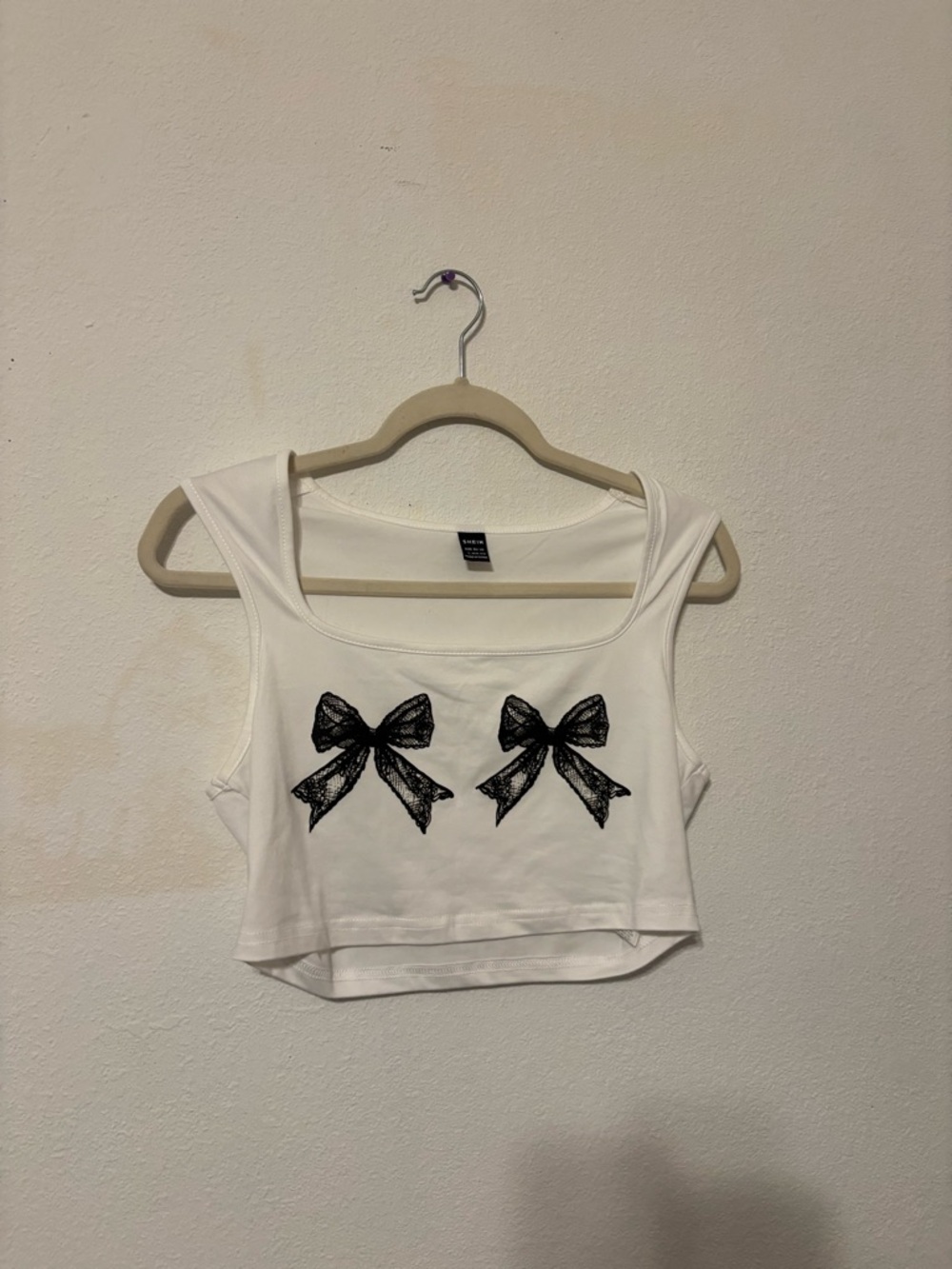SHEIN White Cropped Tank with Black Bow Motif